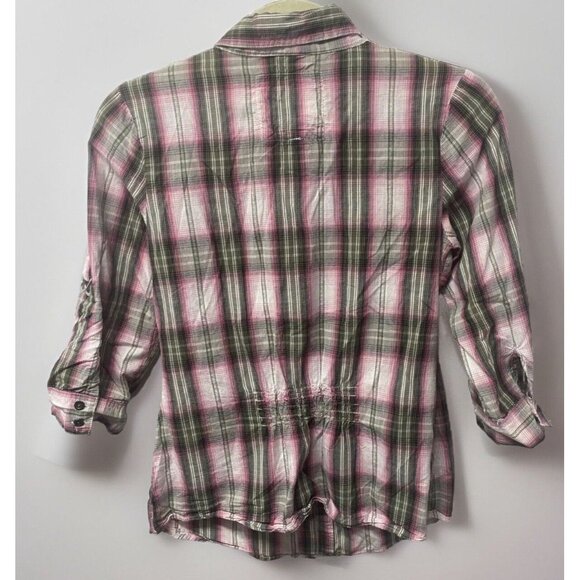 Cotton Express Womens Button Up Pink Gray Plaid Cotton Sz XS 3/4 Sleeves Western - Picture 2 of 16